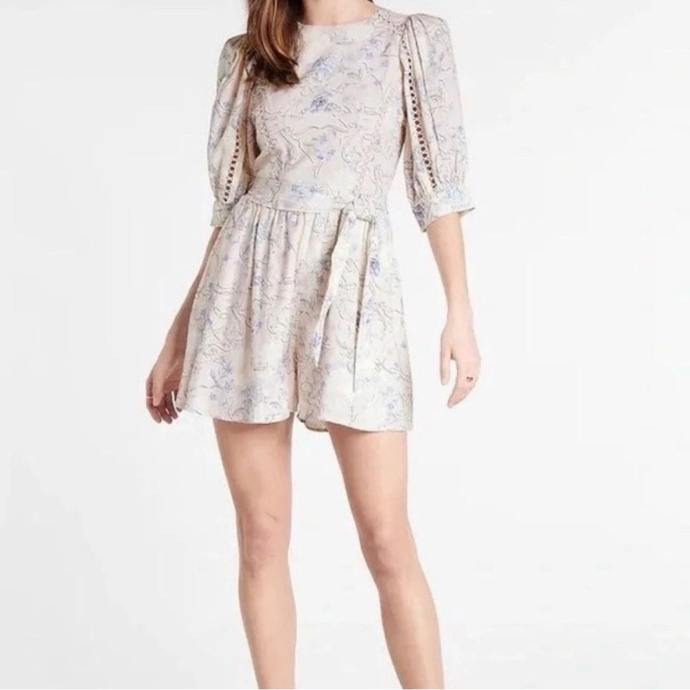 Floral linen-blend Puff shoulder tie waist Romper